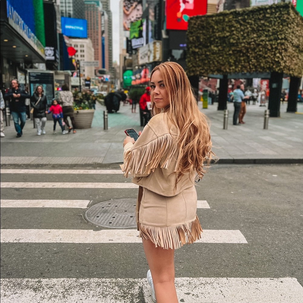 Nude co-ord skirt outfit